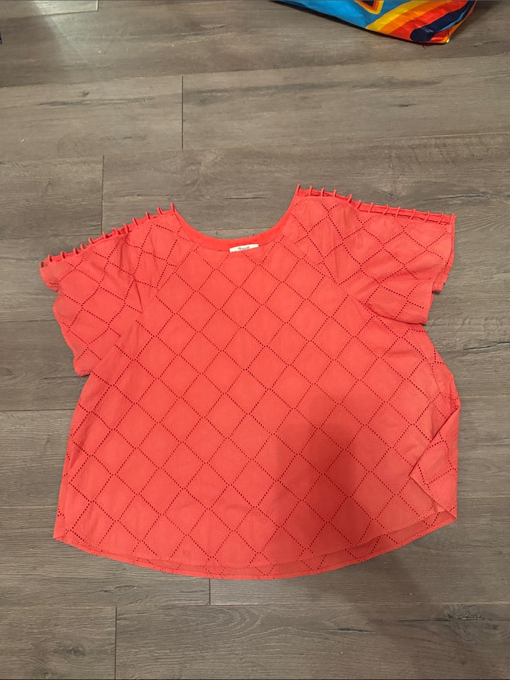 Madewell Coral Eyelet Diamond-Pattern Flutter Sleeve Top